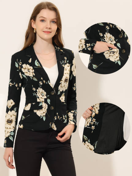 Allegra K- Floral Notched Lapel Button Closure Blazer