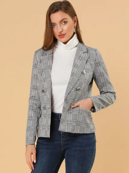 Allegra K- Veste blazer à revers cranté à carreaux