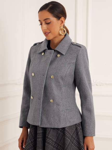 Allegra K - Woolen Blend Double-Breasted Short Pea Coat