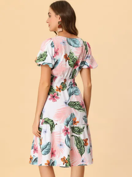 Allegra K- Chiffon Puff Sleeve Tiered Hem Tropical Print Dress