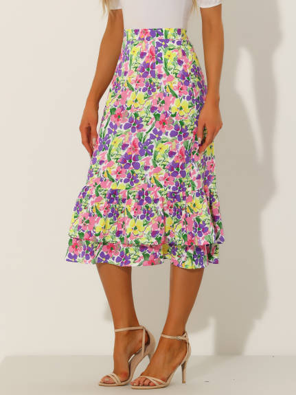 Allegra K- Zipper Printed Chiffon Ruffle Tiered Midi Skirt