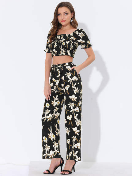 Allegra K - Ruffle Smocked Crop Tops Floral Pants Set