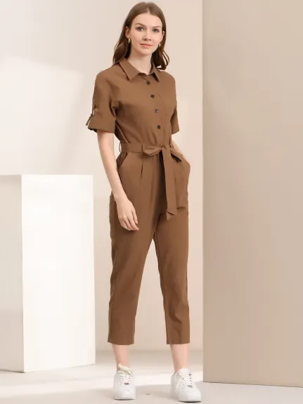 Allegra K- Turndown Collar Button up Tie Waist Cargo Jumpsuit