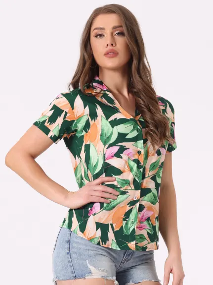 Allegra K- Beach Tropical Floral Leaves Button Down Shirts