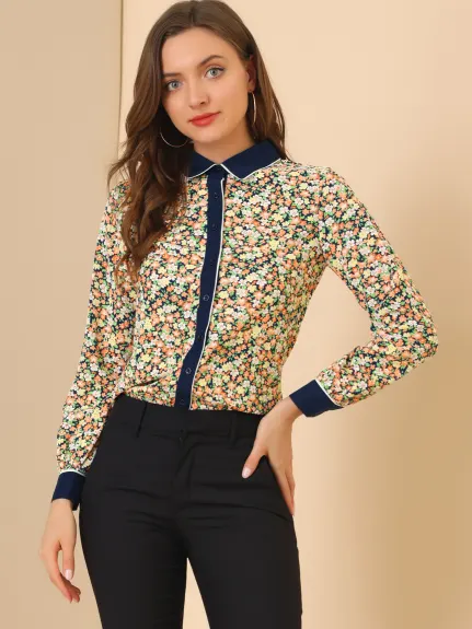 Allegra K- Floral Button up Contrast Color Shirt