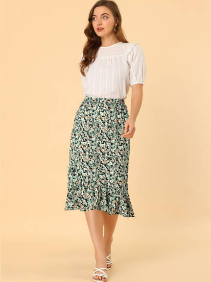 Allegra K- Elastic Waist Ruffle Floral Midi Skirt