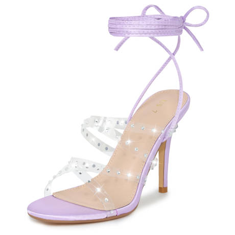 Allegra K - Clear Rhinestone Strap Lace Up Sandals