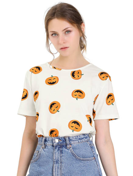 Allegra K- Short Sleeve Pmpkin Banana Print Cute T-Shirt