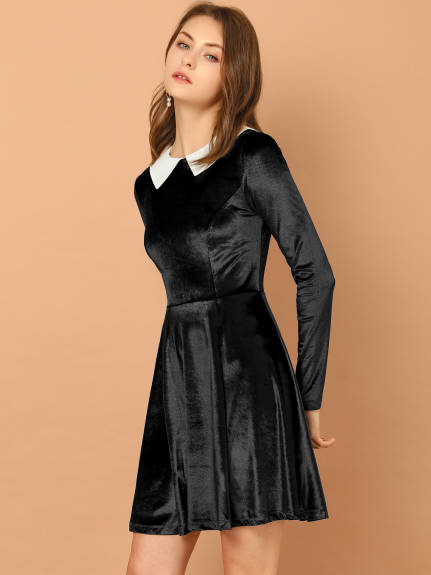 Allegra K- Velvet Long Sleeve Peter Pan Collar Flare Dress