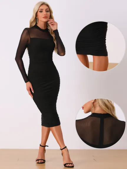 Allegra K - Mesh Mock Neck Long Sleeve Bodycon Dress