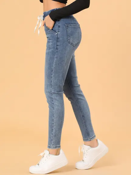 Allegra K- Skinny Jeans High Waisted Drawstring Stretch Denim