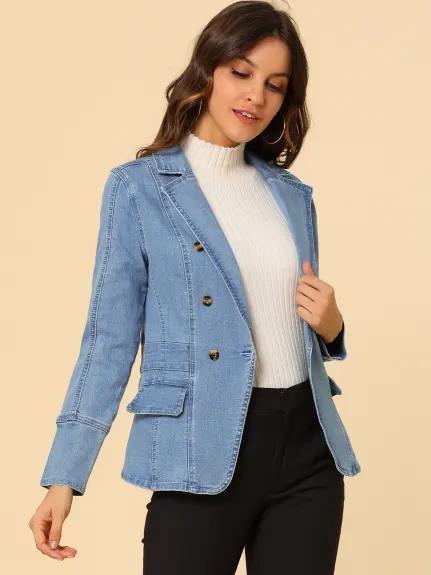 Allegra K- Veste en jean boutonnée à revers cranté avec poches