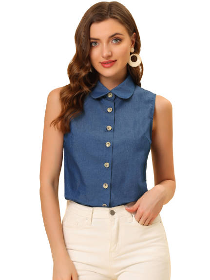 Allegra K - Chambray Button Sleeveless Collar Shirt