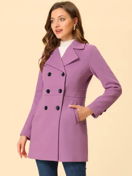 Allegra K- Notched Lapel Double Breasted Mid-Lentgh Overcoat