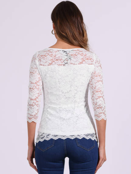 Allegra K - 3/4 Sleeve Crew Neck Floral Lace Top