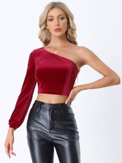 Allegra K- Cut Out One Shoulder Velvet Crop Top