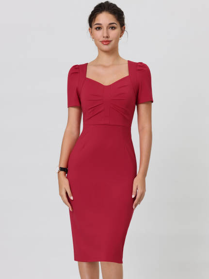 Hobemty- Sweetheart Neck Puff Short Sleeve Sheath Dress