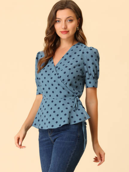 Allegra K - V Neck Polka Dots Short Sleeve Wrap Peplum Top