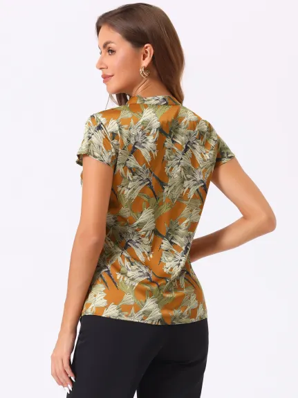 Allegra K- Satin Floral Cap Sleeve Blouse