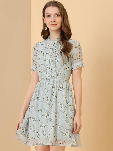 Allegra K- Floral Half Placket Chiffon Dress