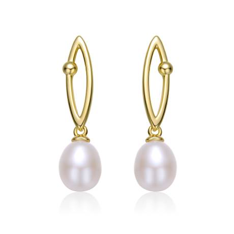 Genevive Sterling Silver 14k Yellow Gold Plated with Pearl & Cubic Zirconia Oblong Marquise Drop Earrings