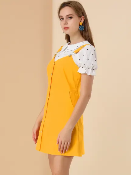 Allegra K- Button Down Adjustable Strap Pinafore Dress with Pockets