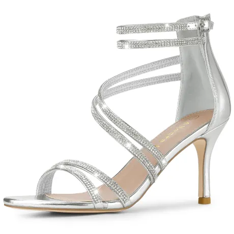 Allegra K - Ankle Strap Rhinestone Stiletto Heels Sandals