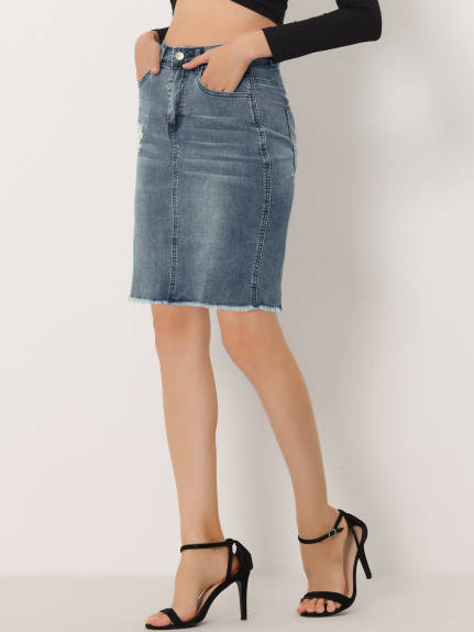 Allegra K- Ripped Hem Washed Midi Denim Skirt