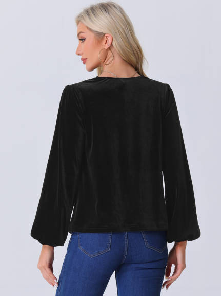 INSPIRE CHIC - Cowl Neck Lantern Long Sleeve Velvet Blouse