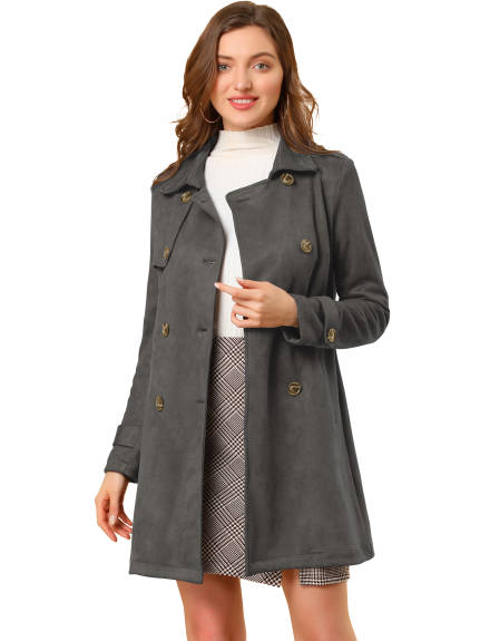 Allegra K- Notched Lapel Double Breasted Faux Suede Trenchcoat