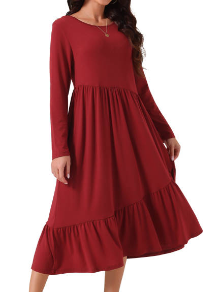 Allegra K - Long Sleeve Pleated Tiered Swing Dress