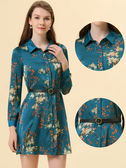 Allegra K- Floral Satin Long Sleeve Belted Button Down Dress