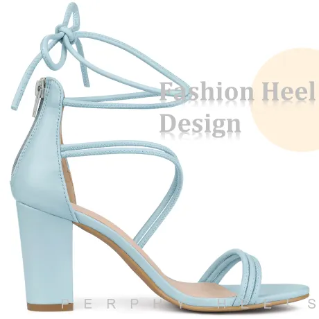 Allegra K- Open Toe Lace Up Chunky Heel PU Sandals