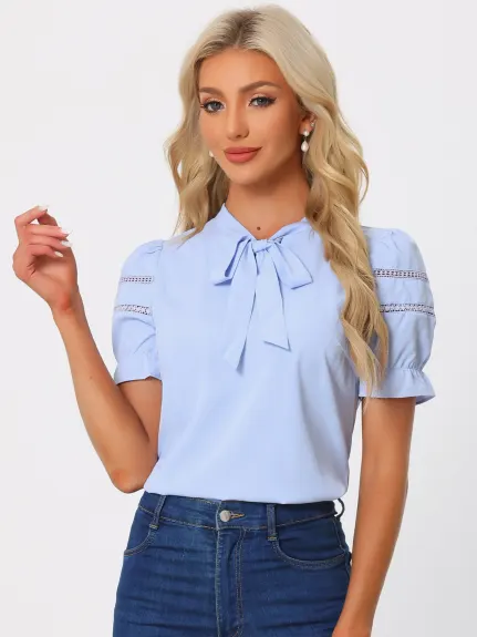 Allegra K- Ruffle Cuff Short Sleeve Bow Tie Collar Top