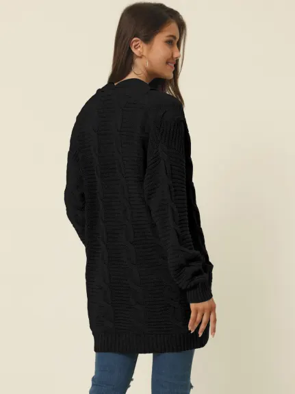 Allegra K- Cable Knit Open Front Sweater Cardigan with Pockets