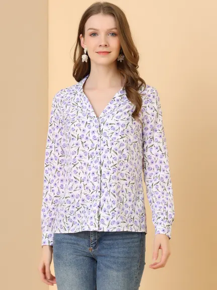 Allegra K- Long Sleeve Printed Button Down Top