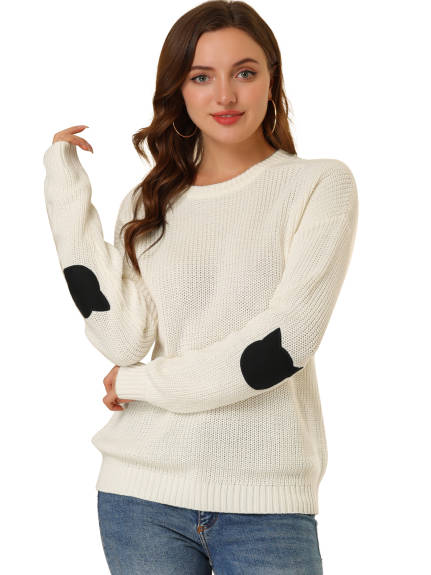 Allegra K- Drop Shoulder Elbow Cat Patch Loose Pullover Sweater