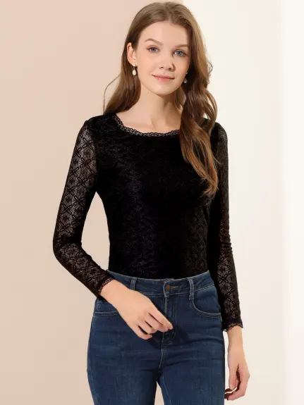 Allegra K- Round Neck Long Sleeve Embroidery Lace Blouse