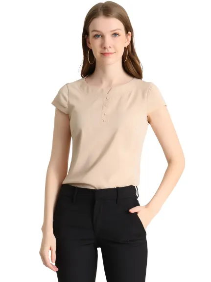 Allegra K - Round Neck Cap Sleeve Button Decor Blouse