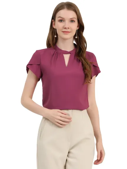 Allegra K- Stand Collar Twist Keyhole Neck Petal Sleeve Blouse