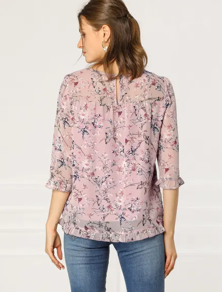 Allegra K- Floral Ruffled 3/4 Sleeve Chiffon Blouse