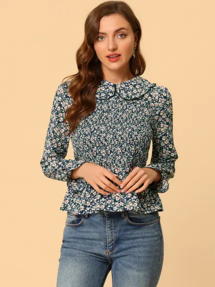 Allegra K - Peter Pan Collar Chiffon Floral Smocked Top