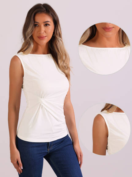 Allegra K- Front Twist Knot Round Neck Top