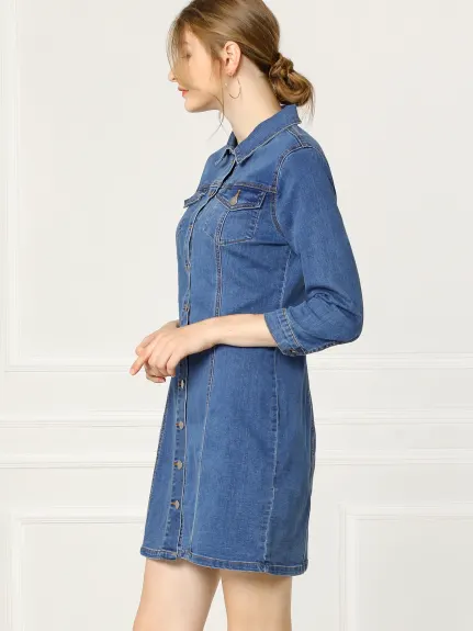 Allegra K- Robe chemise slim en jean à manches 3/4