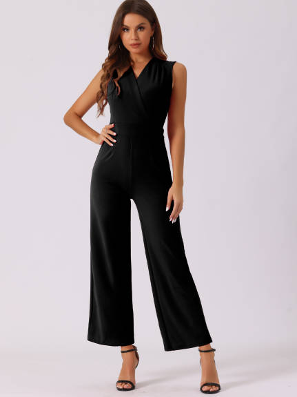 Allegra K - Elegant Wrap V Neck Wide Leg Work Jumpsuit