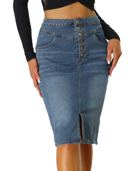 Allegra K - Split High Waist Denim Pencil Skirt