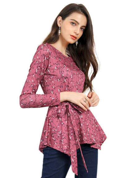 Allegra K- Floral Long Sleeve Ruffle Hem Belted Flare Peplum Top