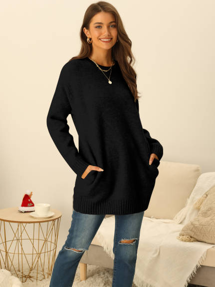 Allegra K- Round Neck Pullover Sweater with Pockets