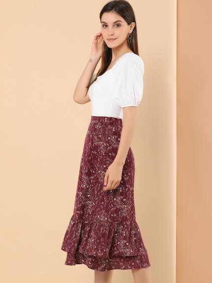 Allegra K- Zipper Printed Chiffon Ruffle Tiered Midi Skirt