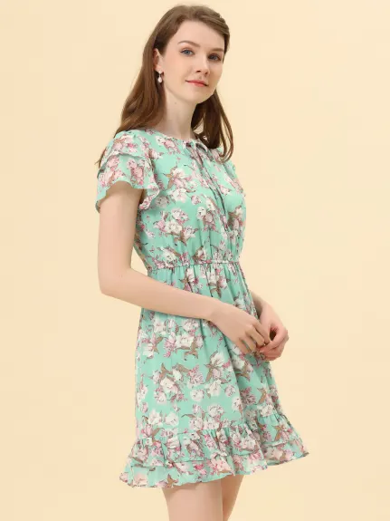 Allegra K- Ruffle Sleeve Self-Tie V Neck A-Line Floral Chiffon Dress